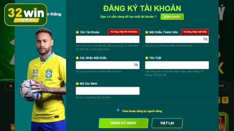 Kê khai thông tin -> Xác minh dữ liệu hoàn tất đăng ký 32Win